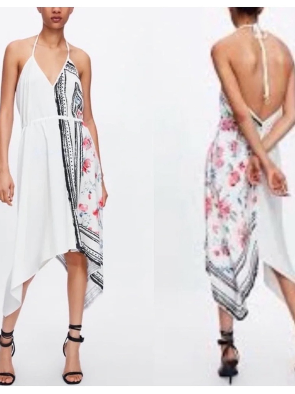 Zara White Halter Handkerchief-Hem Dress with Pink Floral Panels